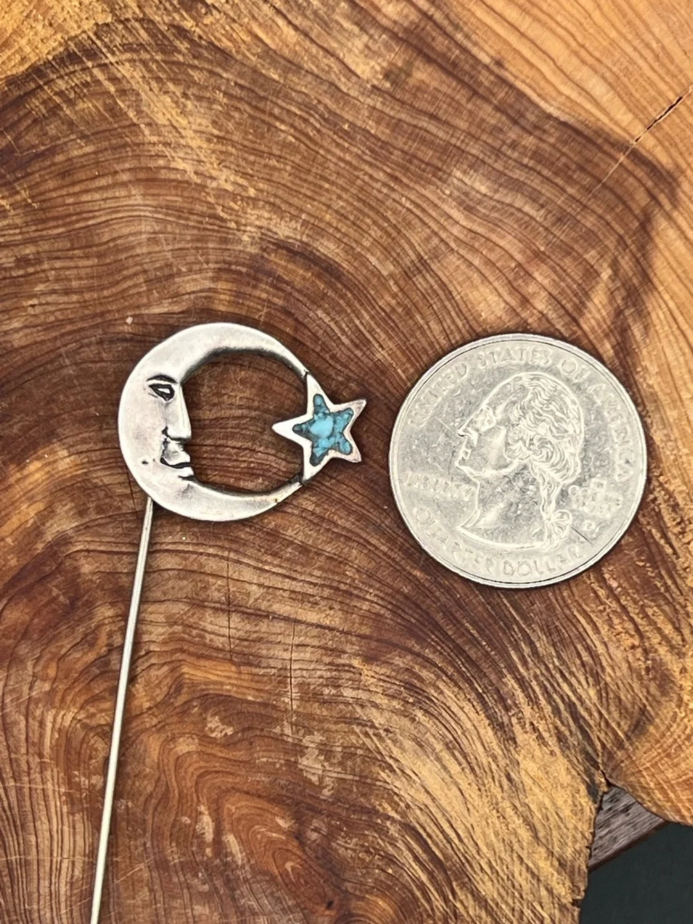 Sterling Silver & Crushed Turquoise Moon and Star Stick Pin